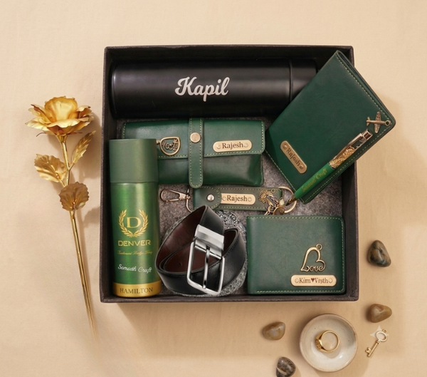 Personalized Gift Hamper Set – Wallet, Bottle & Passport Cover, Green