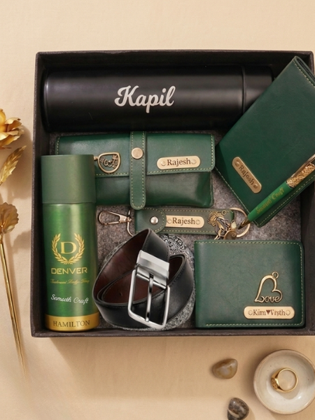 Personalized Gift Hamper Set – Wallet, Bottle & Passport Cover, Green