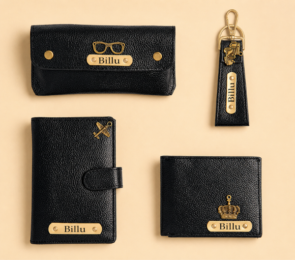 Personalized Gift Hamper Set – Wallet, Keychain, Passport Cover & Sunglasses Case, Assorted Colours