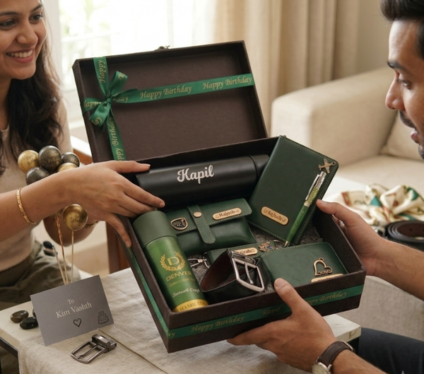 Personalized Gift Hamper Set – Wallet, Bottle & Passport Cover, Green