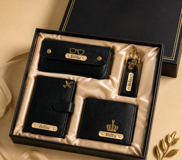 Personalized Gift Hamper Set – Wallet, Keychain, Passport Cover & Sunglasses Case, Assorted Colours
