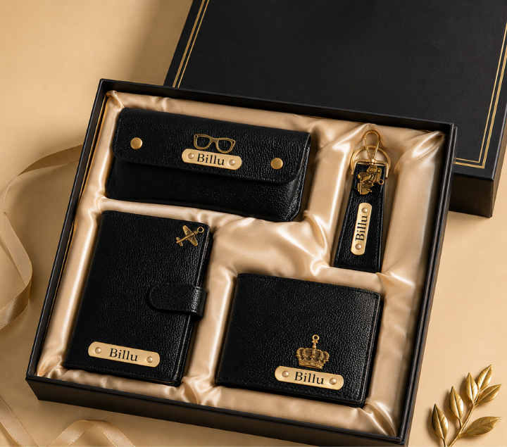 Personalized Gift Hamper Set – Wallet, Keychain, Passport Cover & Sunglasses Case, Assorted Colours