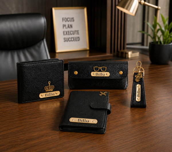 Personalized Gift Hamper Set – Wallet, Keychain, Passport Cover & Sunglasses Case, Assorted Colours