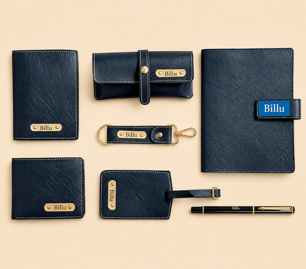 Personalized Travel Gift Set – Wallet, Keychain & Passport Cover, Navy, Brown & Black