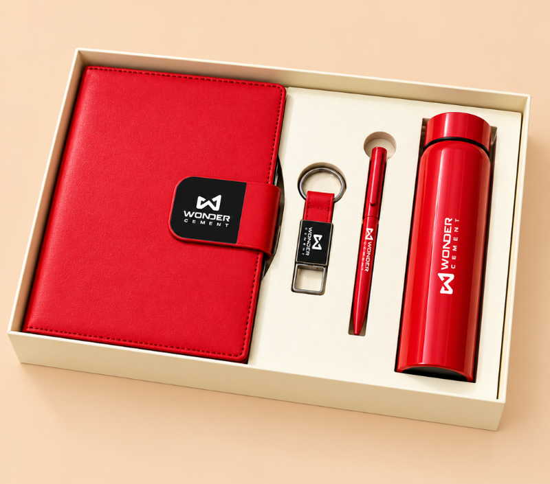 Premium Corporate Gift Set – PU Notebook, Stainless Steel Flask, Pen & Keychain | Models 3099–3102