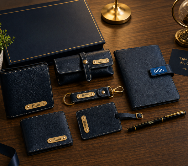 Personalized Travel Gift Set – Wallet, Keychain & Passport Cover, Navy, Brown & Black