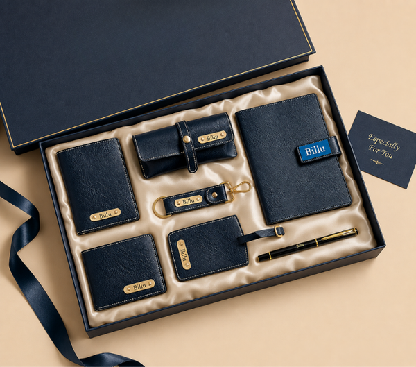 Personalized Travel Gift Set – Wallet, Keychain & Passport Cover, Navy, Brown & Black