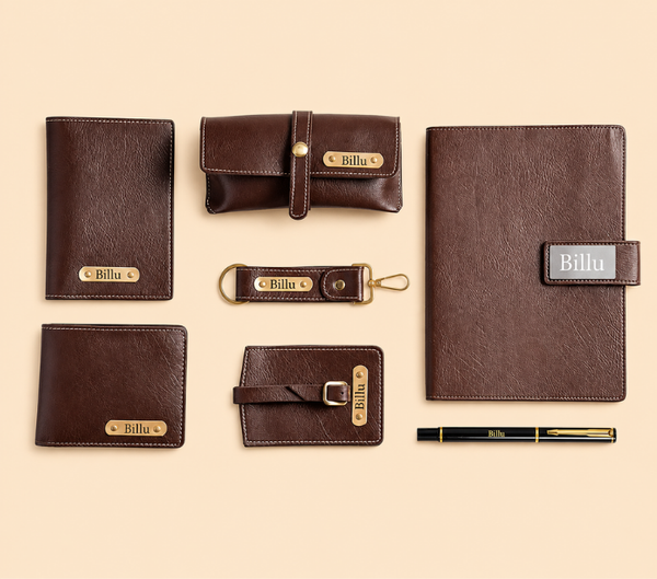 Personalized Travel Gift Set – Wallet, Keychain & Passport Cover, Navy, Brown & Black