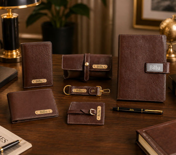 Personalized Travel Gift Set – Wallet, Keychain & Passport Cover, Navy, Brown & Black