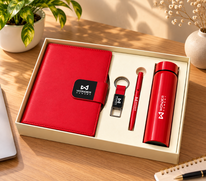 Premium Corporate Gift Set – PU Notebook, Stainless Steel Flask, Pen & Keychain | Models 3099–3102