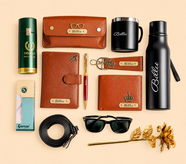 Personalized Men's Gift Set – Wallet, Bottle, Mug & Pen, Classic Colours