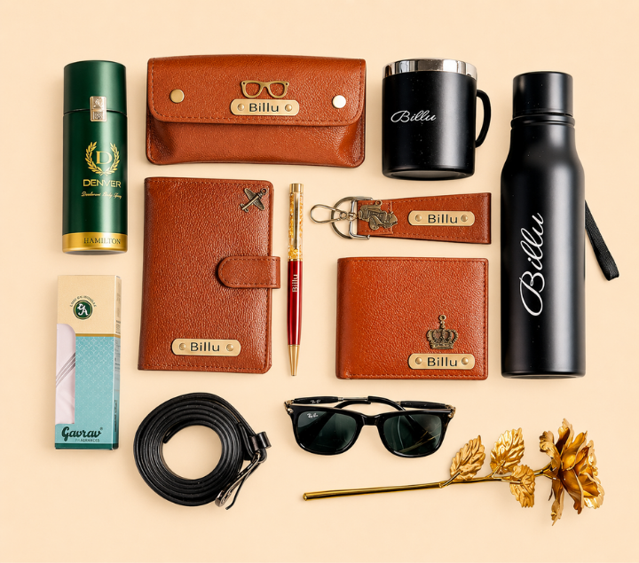 Personalized Men's Gift Set – Wallet, Bottle, Mug & Pen, Classic Colours
