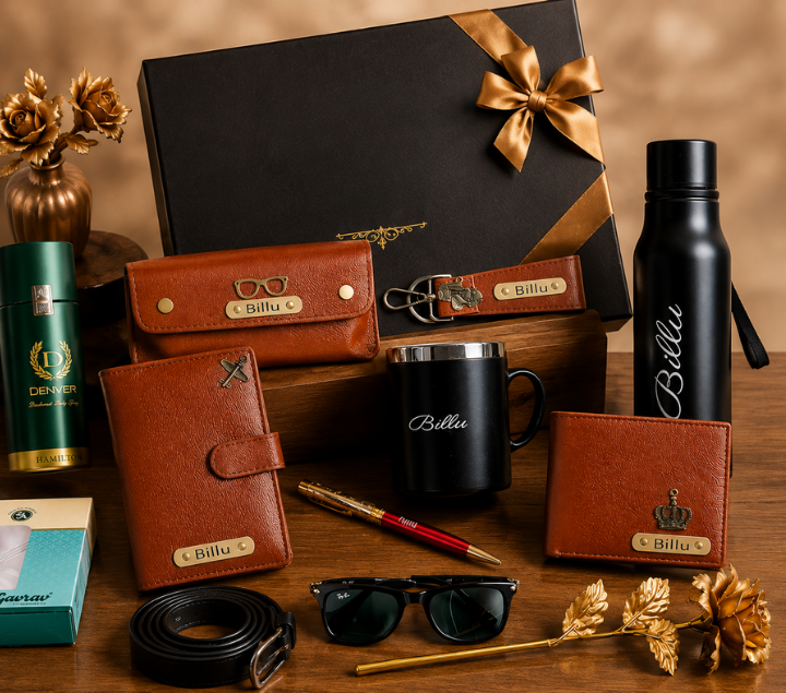 Personalized Men's Gift Set – Wallet, Bottle, Mug & Pen, Classic Colours