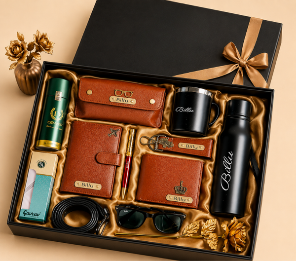 Personalized Men's Gift Set – Wallet, Bottle, Mug & Pen, Classic Colours