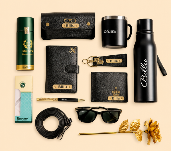 Personalized Men's Gift Set – Wallet, Bottle, Mug & Pen, Classic Colours