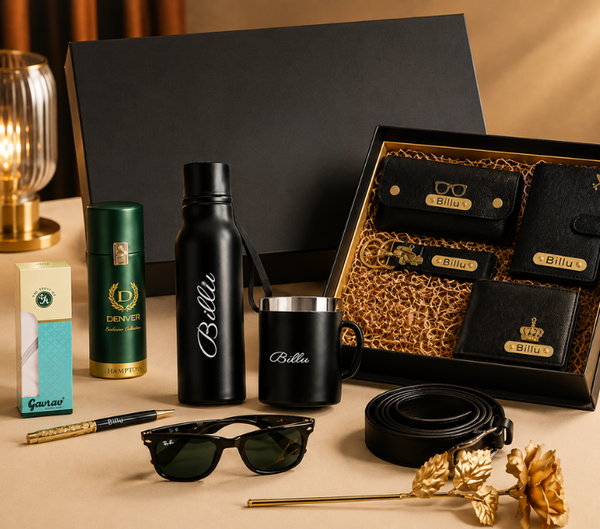 Personalized Men's Gift Set – Wallet, Bottle, Mug & Pen, Classic Colours