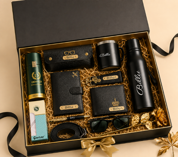 Personalized Men's Gift Set – Wallet, Bottle, Mug & Pen, Classic Colours