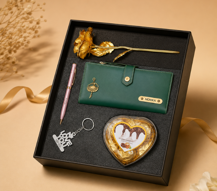 Personalized Gift Hamper for Her – Wallet, Pen, Keychain, Chocolate & Rose, Assorted Colours