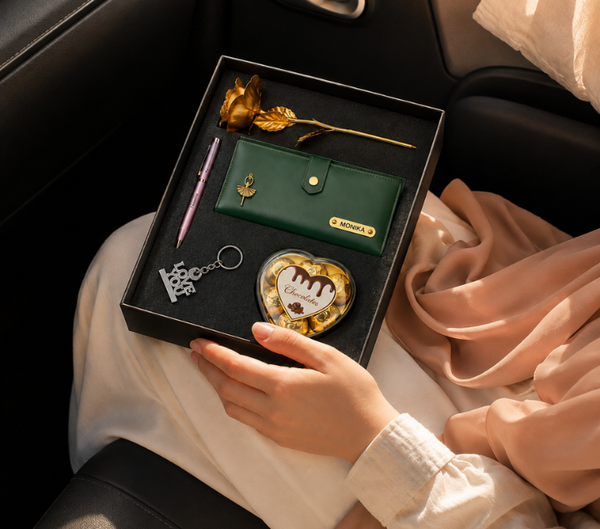 Personalized Gift Hamper for Her – Wallet, Pen, Keychain, Chocolate & Rose, Assorted Colours