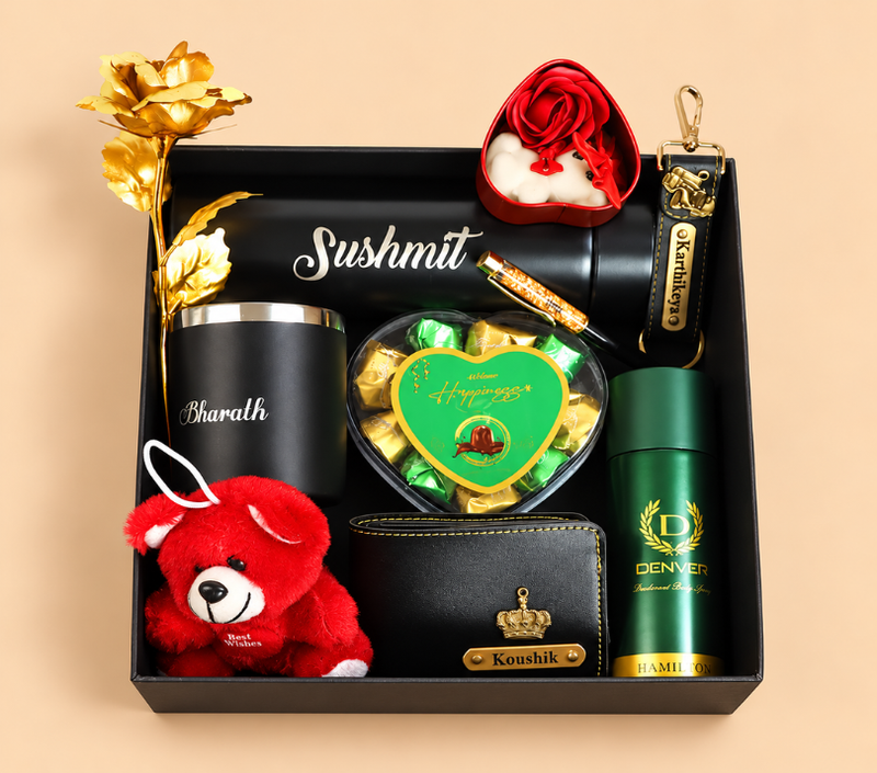 Personalized Luxury Gift Hamper with Teddy Bear, Wallet, Tumbler & Chocolates