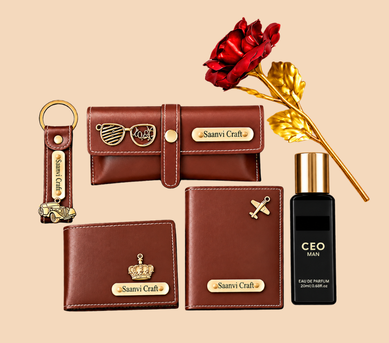 Personalized Gift Hamper Set – Wallet, Perfume & Rose