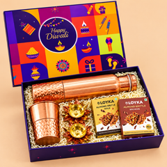 Premium Copper Diwali Gift Hamper with Bottle, Glass, Diyas & Almond Brittle