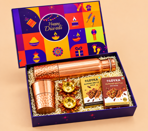 Premium Copper Diwali Gift Hamper with Bottle, Glass, Diyas & Almond Brittle