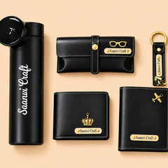 Personalized Black Gift Hamper Set – Wallet, LED Bottle, Sunglass Holder, Keychain & Passport Cover