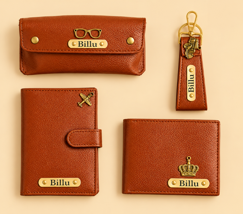 Personalized Gift Hamper Set – Wallet, Keychain, Passport Cover & Sunglasses Case, Assorted Colours