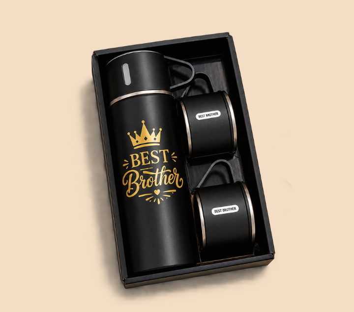 Personalized Bottle & Mug Gift Set – Name-Printed Bottle with 2 Mugs, Assorted Colours