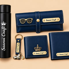 Personalized Black Gift Hamper Set – Wallet, LED Bottle, Sunglass Holder, Keychain & Passport Cover