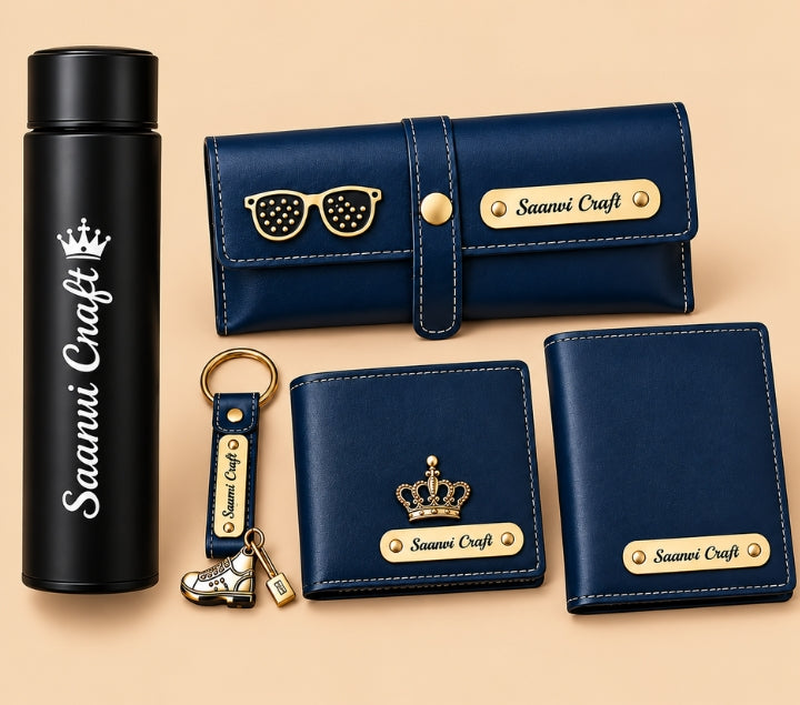 Personalized Black Gift Hamper Set – Wallet, LED Bottle, Sunglass Holder, Keychain & Passport Cover