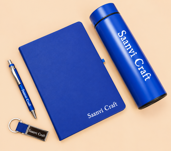 Personalized Gift Set – Bottle, Pen, Keychain & Diary, Blue