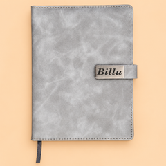 Personalized Grey Leather-Look Journal with Premium Metal Name Plate