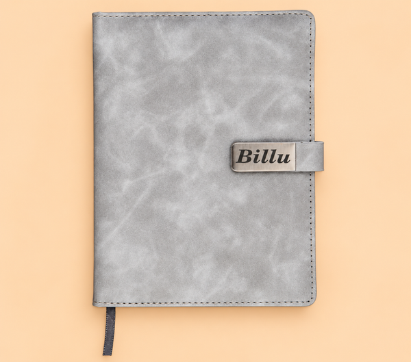 Personalized Grey Leather-Look Journal with Premium Metal Name Plate