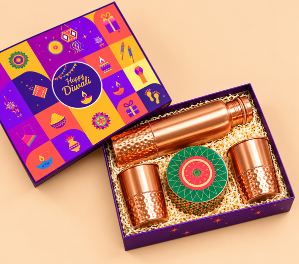 Premium Copper Diwali Gift Set with Bottle, Glasses & Decorative Box