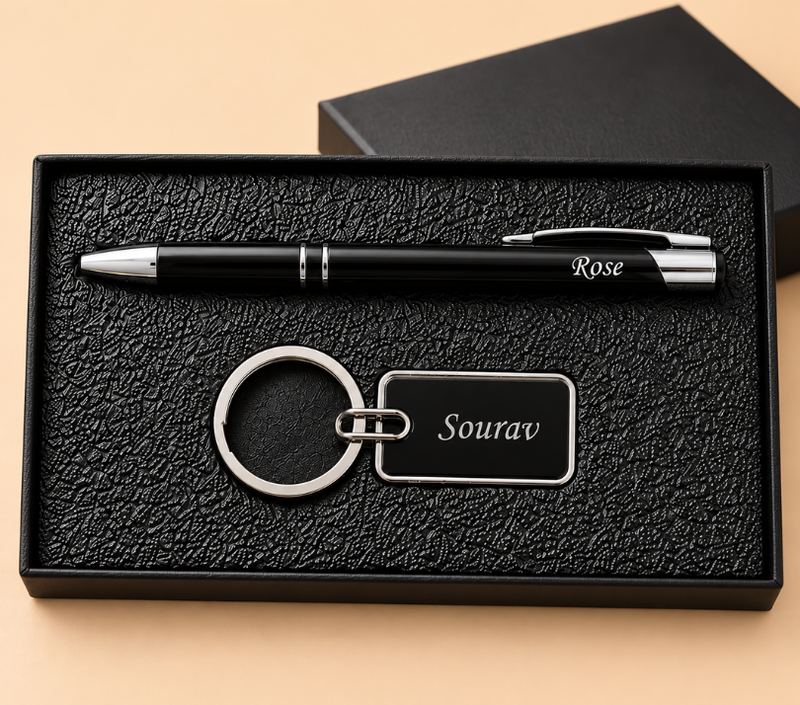 Personalized Pen & Keychain Gift Set – Rose & Sourav