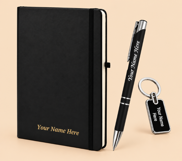 Personalized A5 Notebook Gift Set – Custom Name Diary, Pen & Keychain