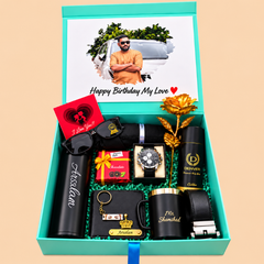 Luxury Personalized Black Birthday Gift Hamper for Men – Watch, Sunglasses, Wallet, Belt, Mug & Perfume Gift Set