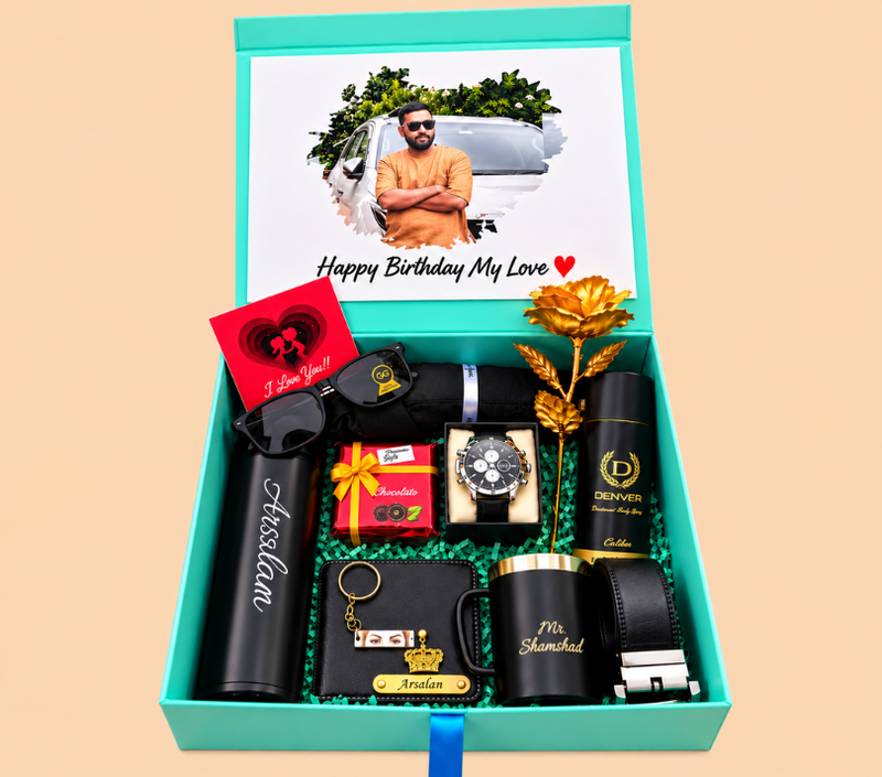 Luxury Personalized Black Birthday Gift Hamper for Men – Watch, Sunglasses, Wallet, Belt, Mug & Perfume Gift Set