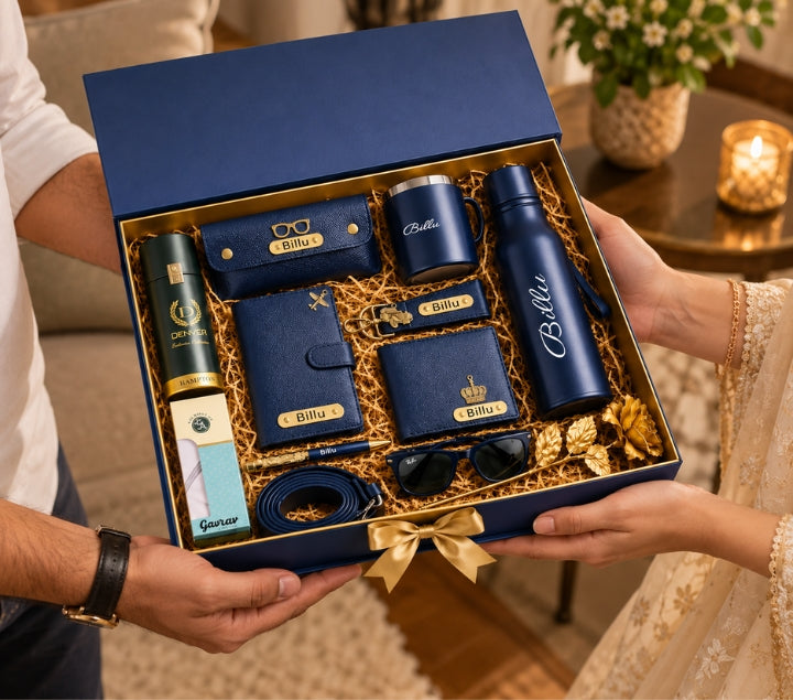 Personalized Men's Gift Set – Wallet, Bottle, Mug & Pen, Classic Colours
