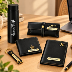 Personalized Black Gift Hamper Set – Wallet, LED Bottle, Sunglass Holder, Keychain & Passport Cover