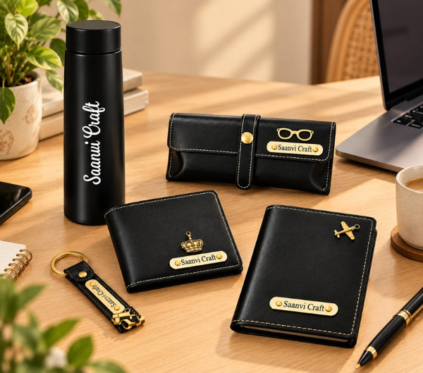 Personalized Gift Hamper Set – Wallet, LED Bottle & Passport Cover