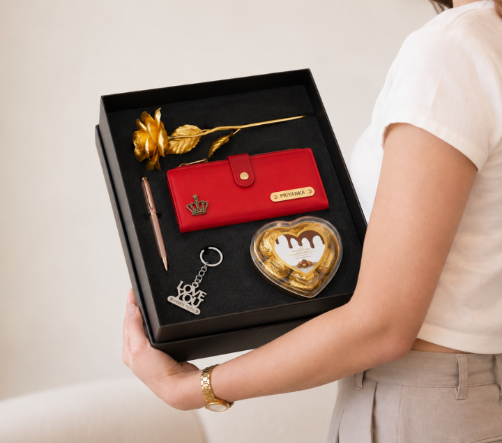 Personalized Gift Hamper for Her – Wallet, Pen, Keychain, Chocolate & Rose, Assorted Colours
