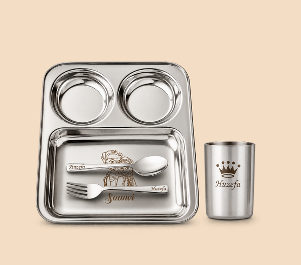 Personalized Steel Thali Set – Custom Engraved Silver Dining Set