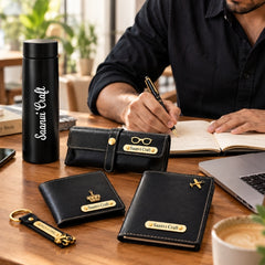 Personalized Black Gift Hamper Set – Wallet, LED Bottle, Sunglass Holder, Keychain & Passport Cover