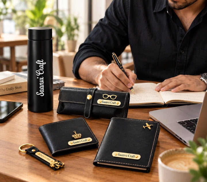 Personalized Black Gift Hamper Set – Wallet, LED Bottle, Sunglass Holder, Keychain & Passport Cover