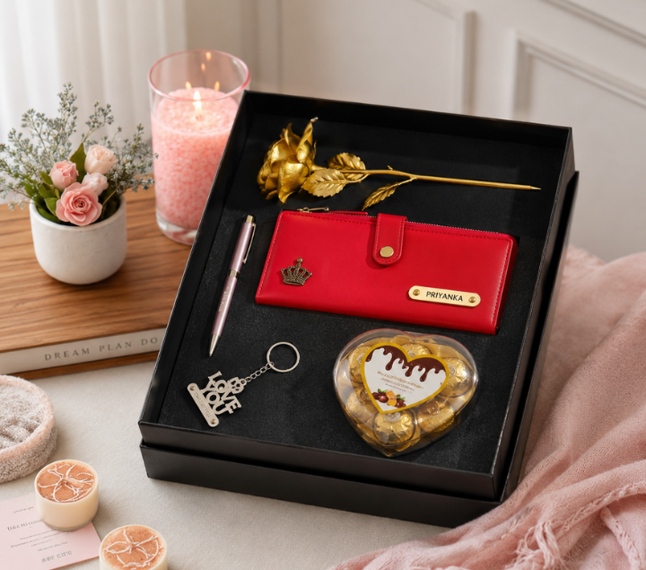 Personalized Gift Hamper for Her – Wallet, Pen, Keychain, Chocolate & Rose, Assorted Colours