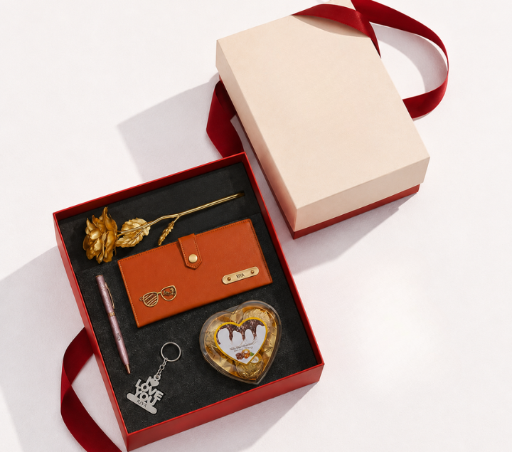 Personalized Gift Hamper for Her – Wallet, Pen, Keychain, Chocolate & Rose, Assorted Colours