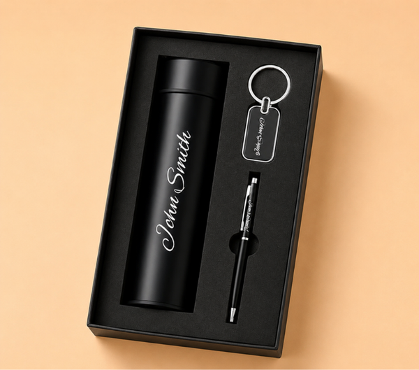Personalized Gift Hamper Set – Wallet, Bottle, Pen & Keychain, Classic Black Edition